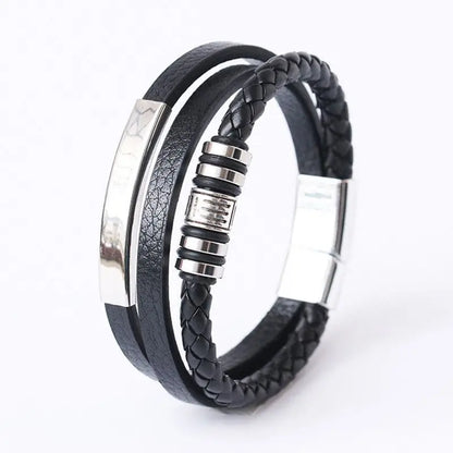 Bracelets en cuir pour hommes, en acier inoxydable, multicouches, en corde tressée, bijoux cadeaux, 21CM