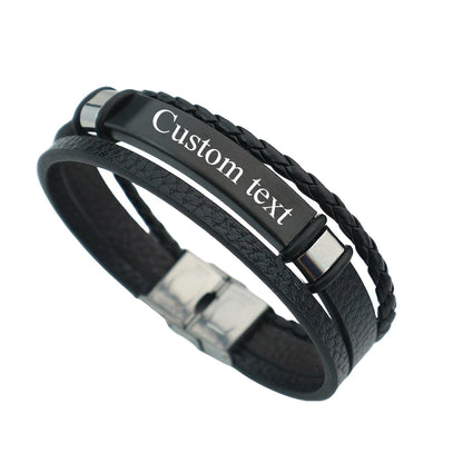 Punk texte personnalisé 3 bandes Bracelets en cuir graver logo nom Bracelet en acier inoxydable pour femmes hommes Lot de gros