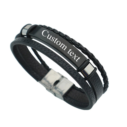 Punk texte personnalisé 3 bandes Bracelets en cuir graver logo nom Bracelet en acier inoxydable pour femmes hommes Lot de gros