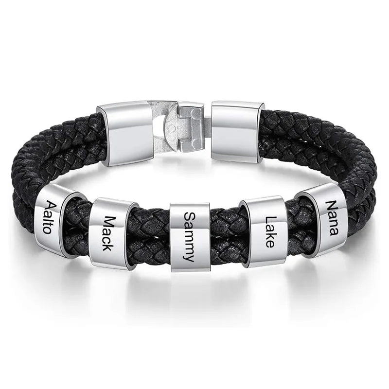 Bracelets avec nom personnalisé pour hommes, en cuir, avec noms de famille de 1 à 5 noms, cadeaux personnalisés, bijoux pour papa, mari, fils
