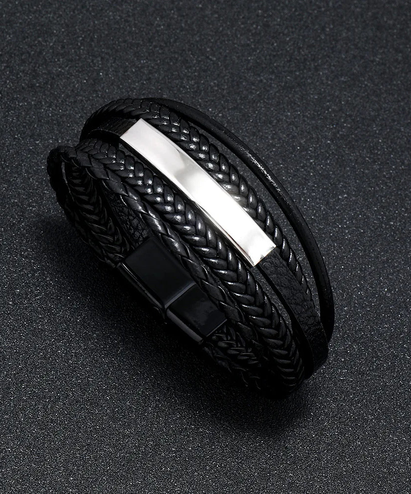 Bracelets en cuir pour hommes, en acier inoxydable, multicouches, en corde tressée, bijoux cadeaux, 21CM