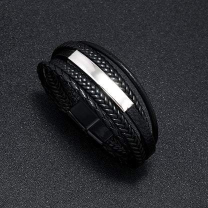 Bracelets en cuir pour hommes, en acier inoxydable, multicouches, en corde tressée, bijoux cadeaux, 21CM