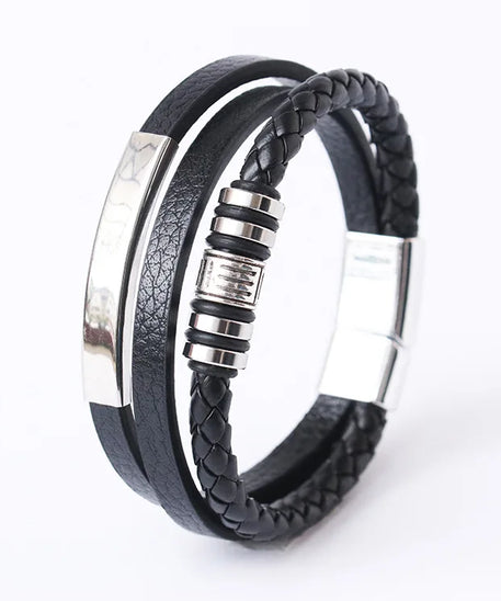 Bracelets en cuir pour hommes, en acier inoxydable, multicouches, en corde tressée, bijoux cadeaux, 21CM