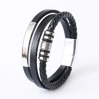 Bracelets en cuir pour hommes, en acier inoxydable, multicouches, en corde tressée, bijoux cadeaux, 21CM