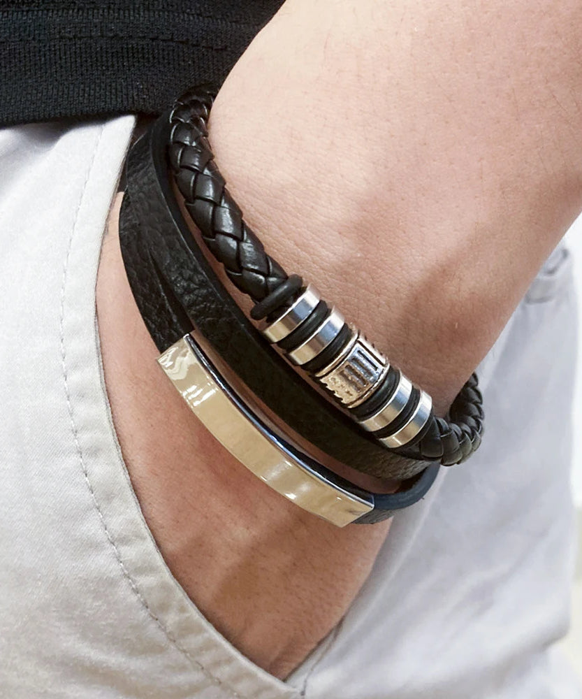 Bracelets en cuir pour hommes, en acier inoxydable, multicouches, en corde tressée, bijoux cadeaux, 21CM