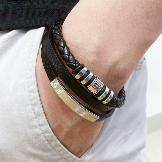 Bracelets en cuir pour hommes, en acier inoxydable, multicouches, en corde tressée, bijoux cadeaux, 21CM